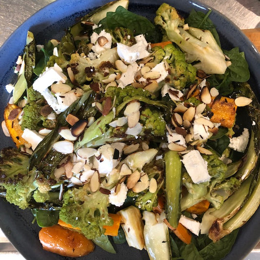 Roasted Cauliflower, Parsnip & Carrot Salad with Pinto Bean Hummus & Goats Feta